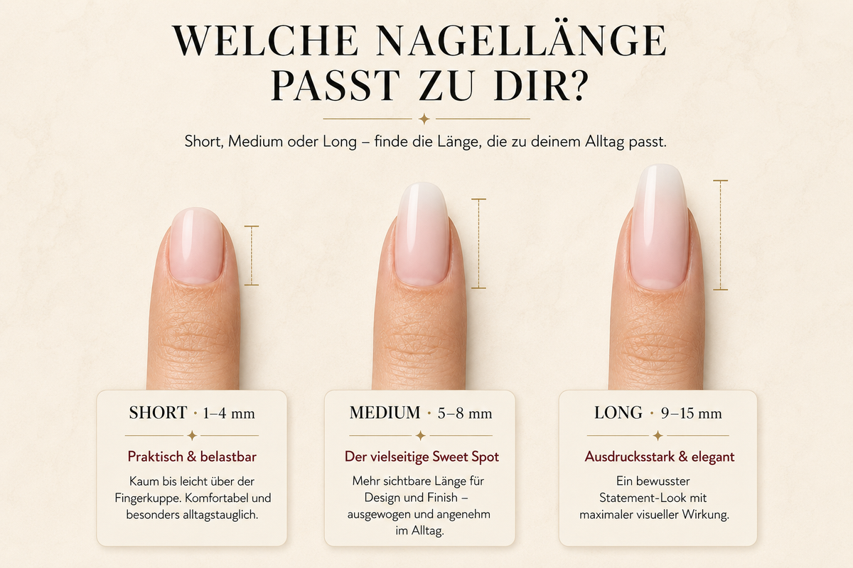Vergleich der NewCure Nagellängen Short, Medium und Long im Babyboomer-Design